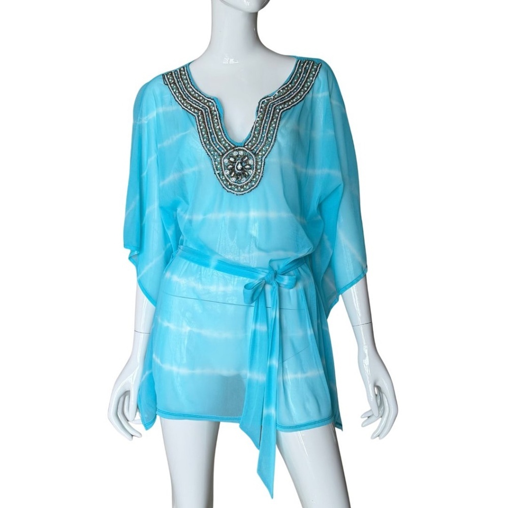 INC International Concepts "INC Beach" Turquoise Sheer Swimsuit Cover Tunic Sz L